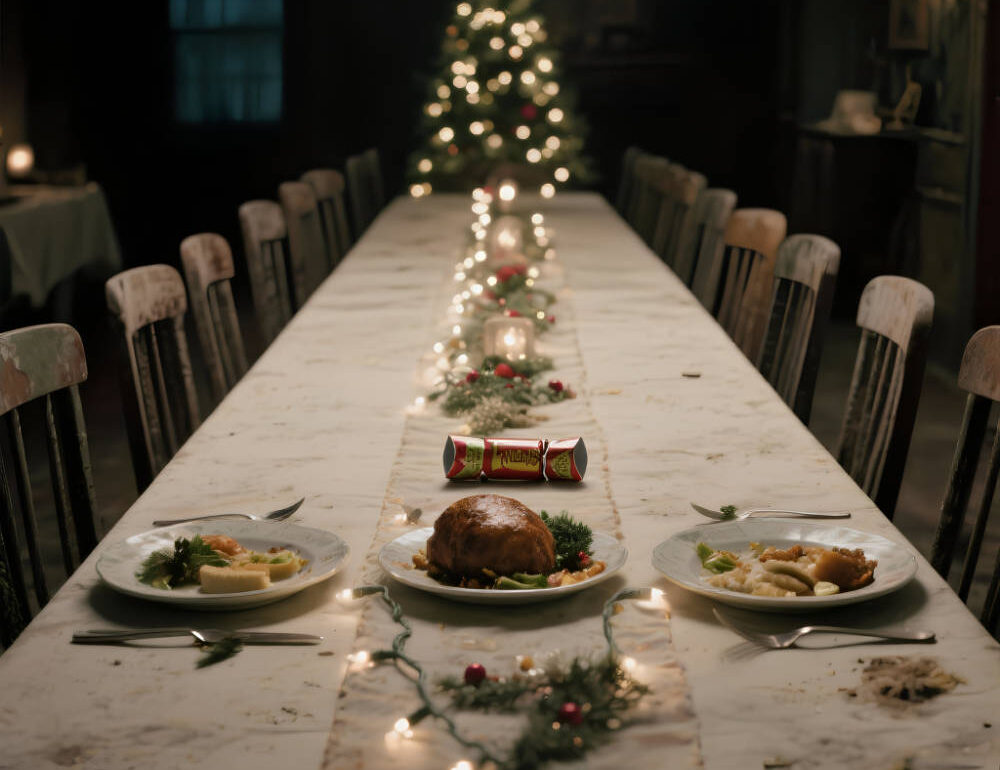 MOSSBEARD - Empty chairs at Christmas time song cover art depicting a Christmas table setting with 18 empty chairs and only two have placed have been set.