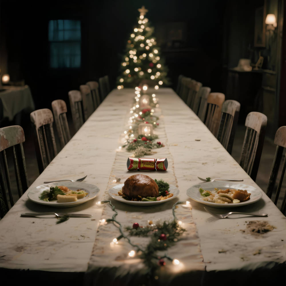 MOSSBEARD - Empty chairs at Christmas time song cover art depicting a Christmas table setting with 18 empty chairs and only two have placed have been set.