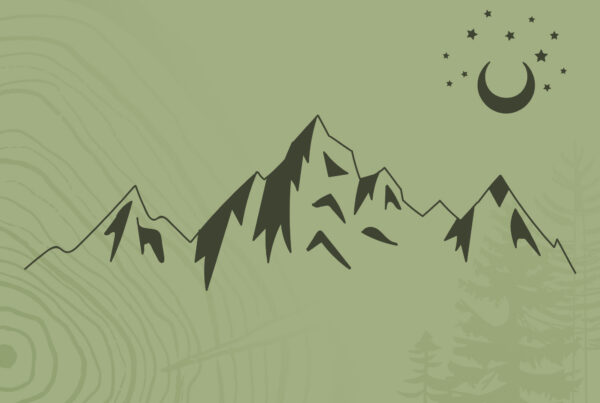 Mossbeard - Ancient Roads - Illustration of mountain range, moon and stars.