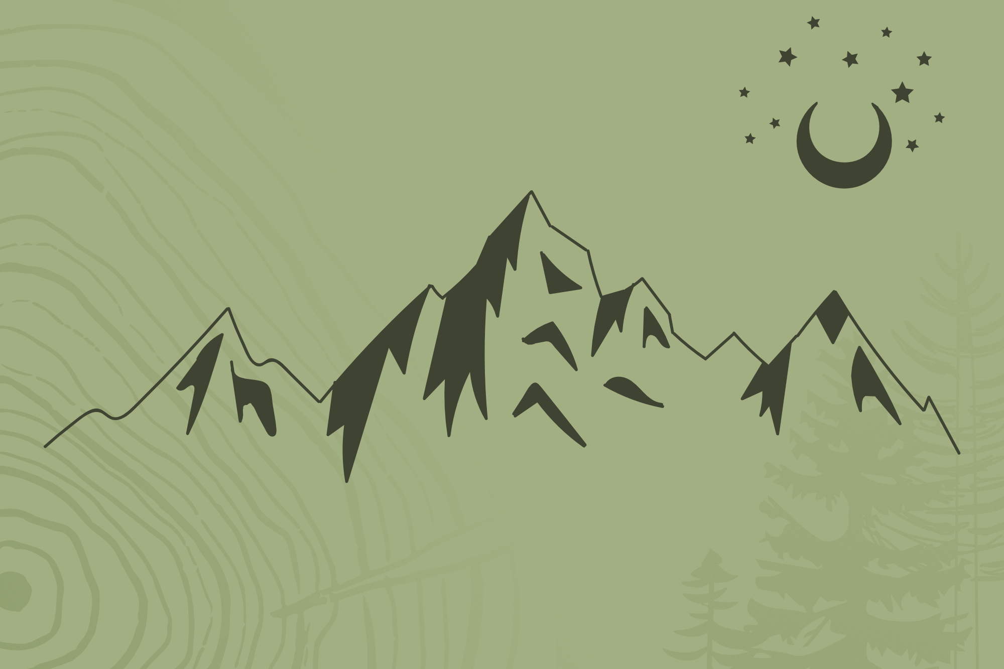Mossbeard - Ancient Roads - Illustration of mountain range, moon and stars.