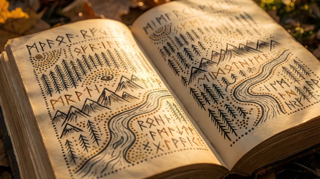 An old book opens to reveal a mystical map and ruins, with instructions written in an ancient Norse looking script. From the Mossbeard song - Ancient roads