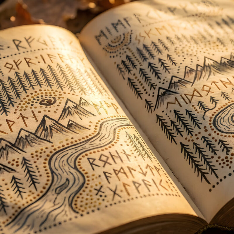 An old book opens to reveal a mystical map and ruins, with instructions written in an ancient Norse looking script. From the Mossbeard song - Ancient roads