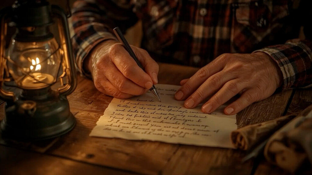 Hands of a middle aged man writing a litter as the light of a lantern shines on a weathered onld table. From the Mossbeard song - Letter to young me.
