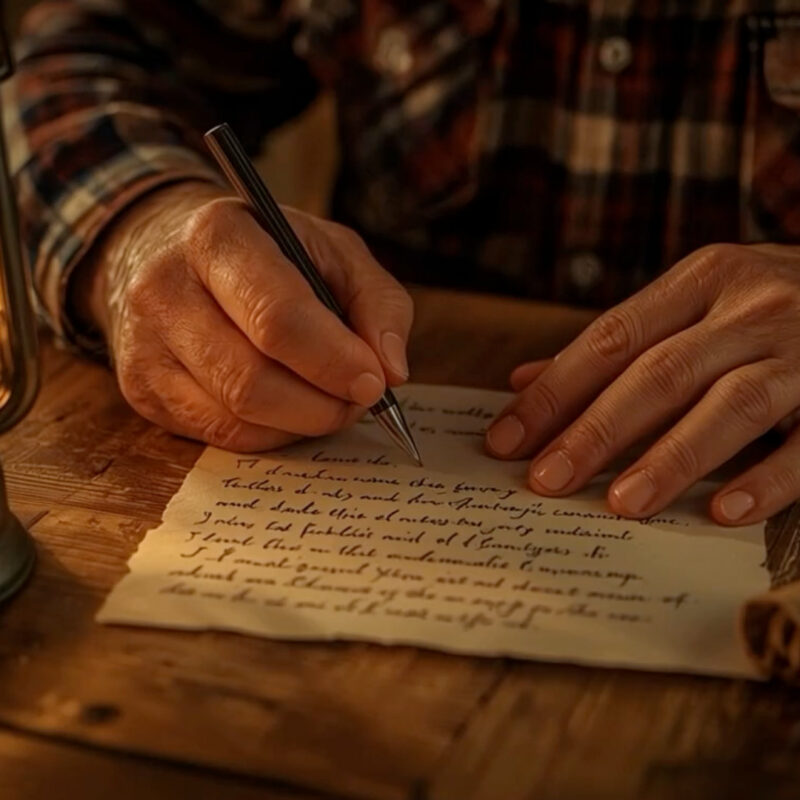 Hands of a middle aged man writing a litter as the light of a lantern shines on a weathered onld table. From the Mossbeard song - Letter to young me.