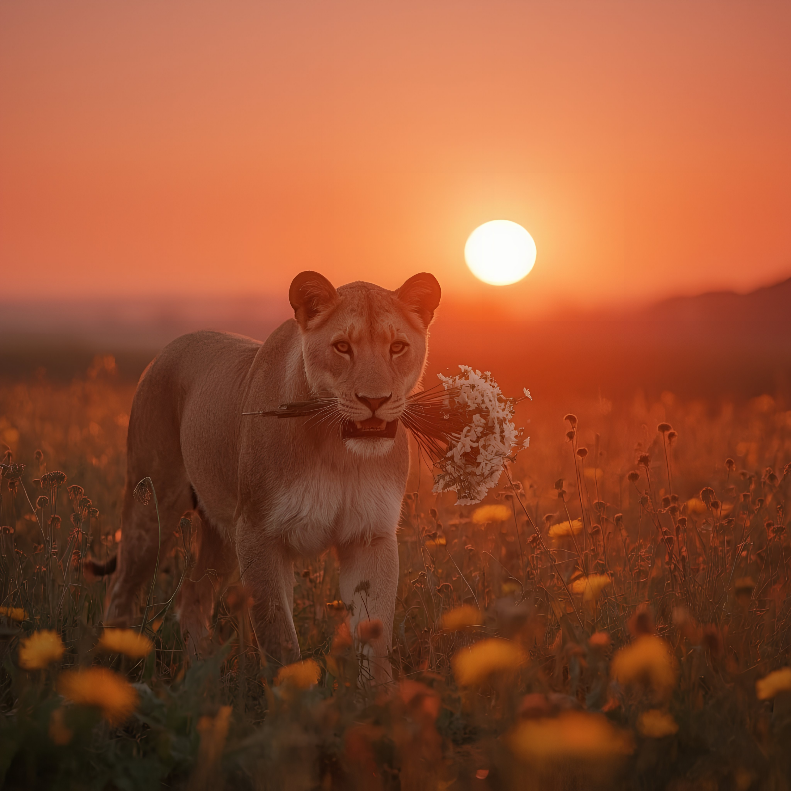 A lioness carries a bouquet of flowers as she walks through a field of wild flowers at sunset.