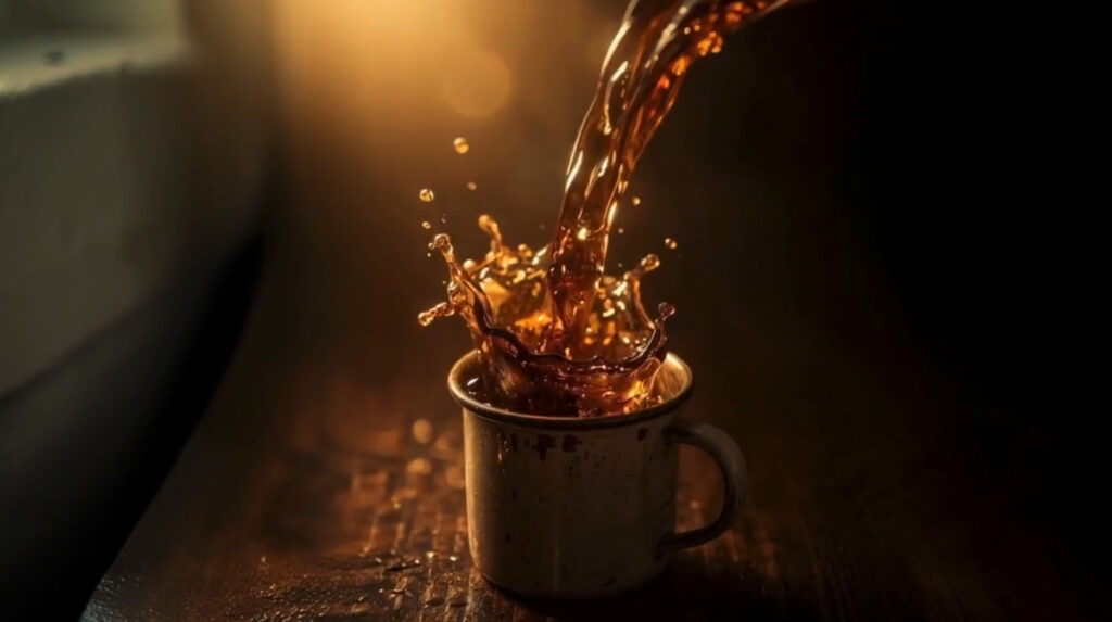 Golden coffee pouring into an enable mug as the soft morning light filters in. From the Mossbeard song - Some days.