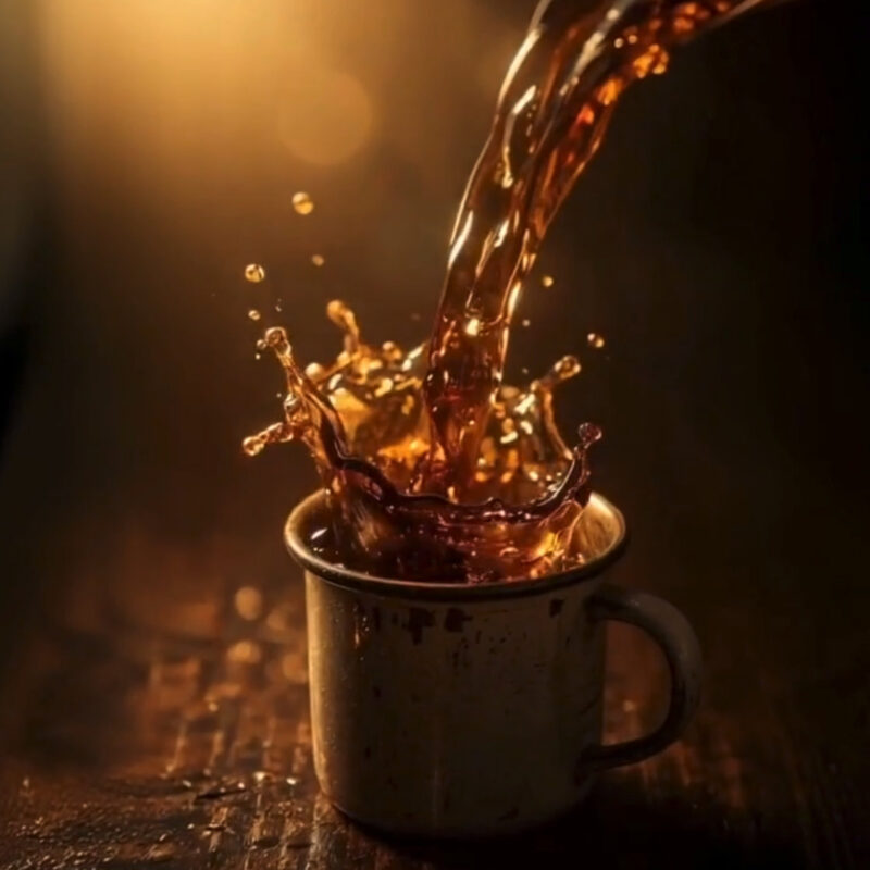 Golden coffee pouring into an enable mug as the soft morning light filters in. From the Mossbeard song - Some days.