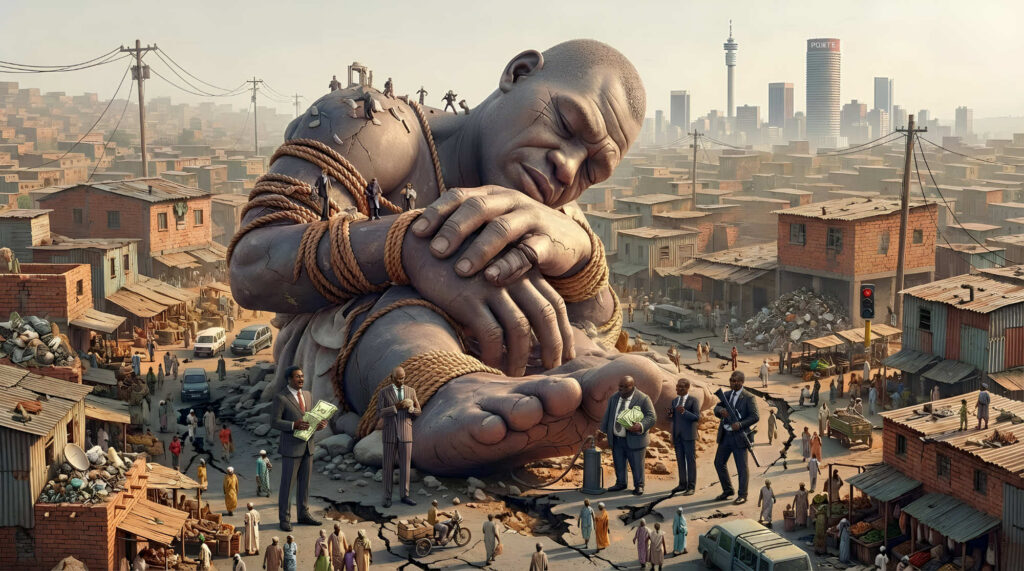 Mossbeard song artwork cover for The giant that slumbers, depicting an African giant asleep, bound by ropes, while corrupt kingpins control a derelict city.