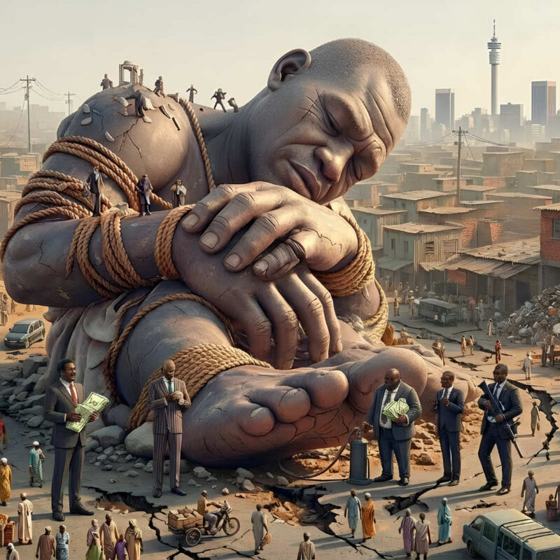 Mossbeard song artwork cover for The giant that slumbers, depicting an African giant asleep, bound by ropes, while corrupt kingpins control a derelict city.