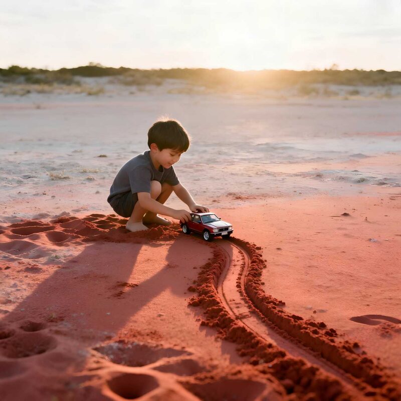 Mossbeard song artwork for Who did you become, depicting a young boy playing in the red sand with a toy car.