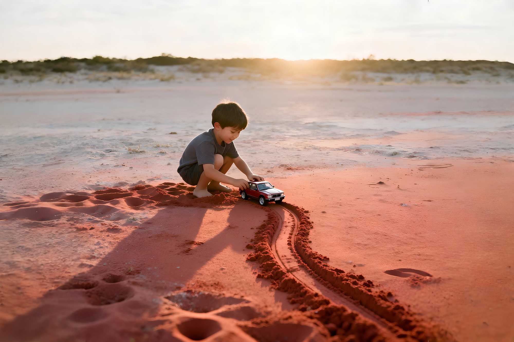 Mossbeard song artwork for Who did you become, depicting a young boy playing in the red sand with a toy car.