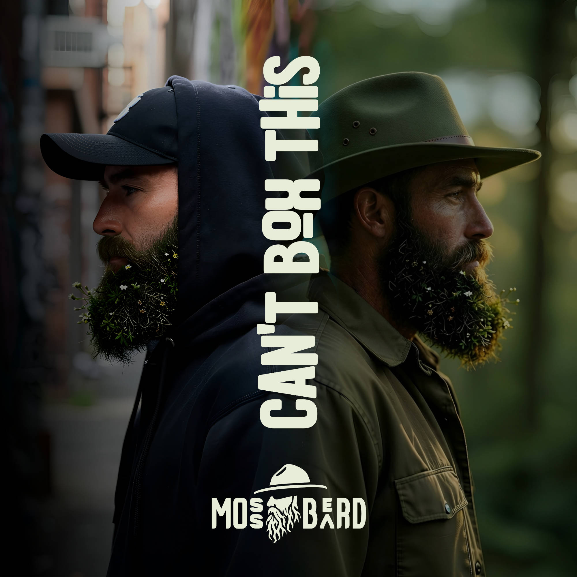 Mossbeard - Can't box this, album cover depicting a the man Mossbeard back to back with himself. On the left is a hip-hop artist and on the right is a country folk artist.