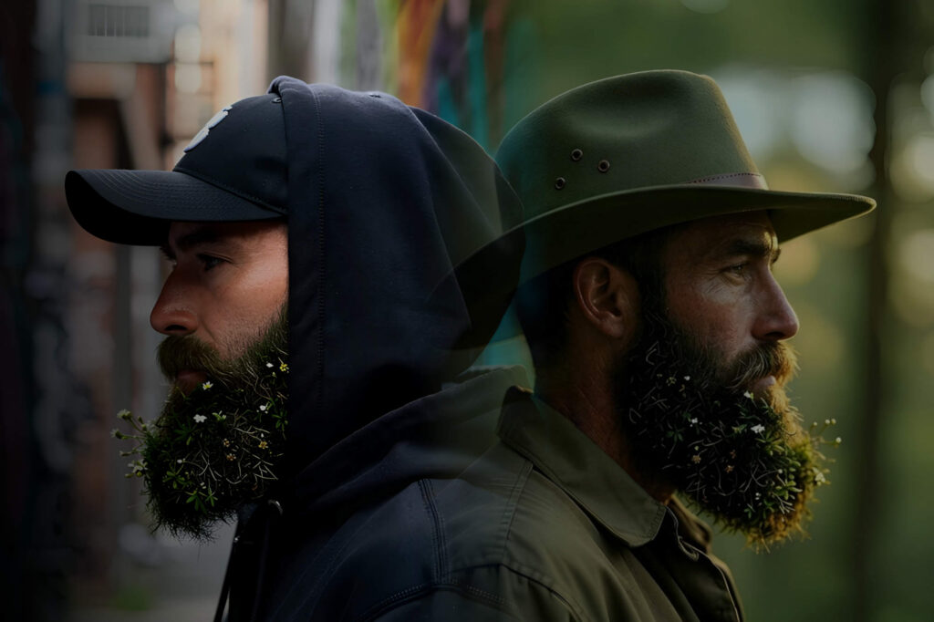 The artist, Mossbeard, back to back with himself. On the left he wears a black hoodie and a cap. On the right he wears a green canvas jacket and a green ranger hat.