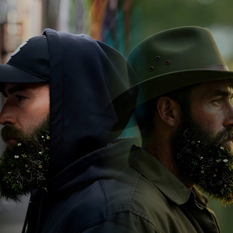 The artist, Mossbeard, back to back with himself. On the left he wears a black hoodie and a cap. On the right he wears a green canvas jacket and a green ranger hat.