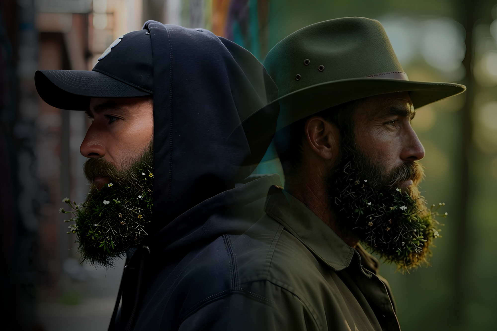 Mossbeard - Can't box this - Showing Mossbeard back to back with himself. On the left he wears a black hoodie and a cap, on the right a green ranger hat and canvas jacket.