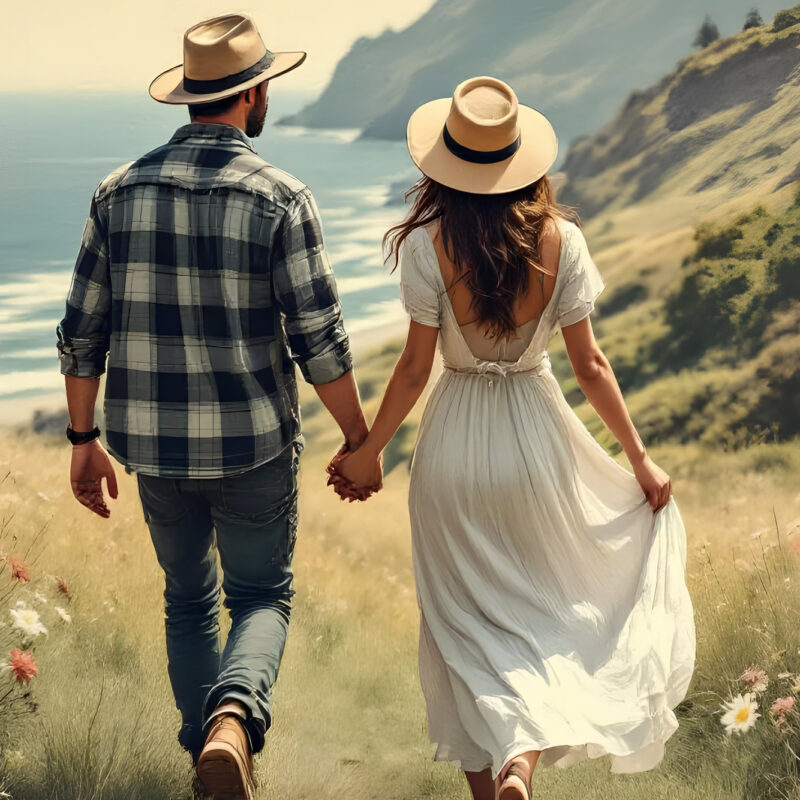 A couple holding hands as they walk among wildflowers on their way down top the beach.