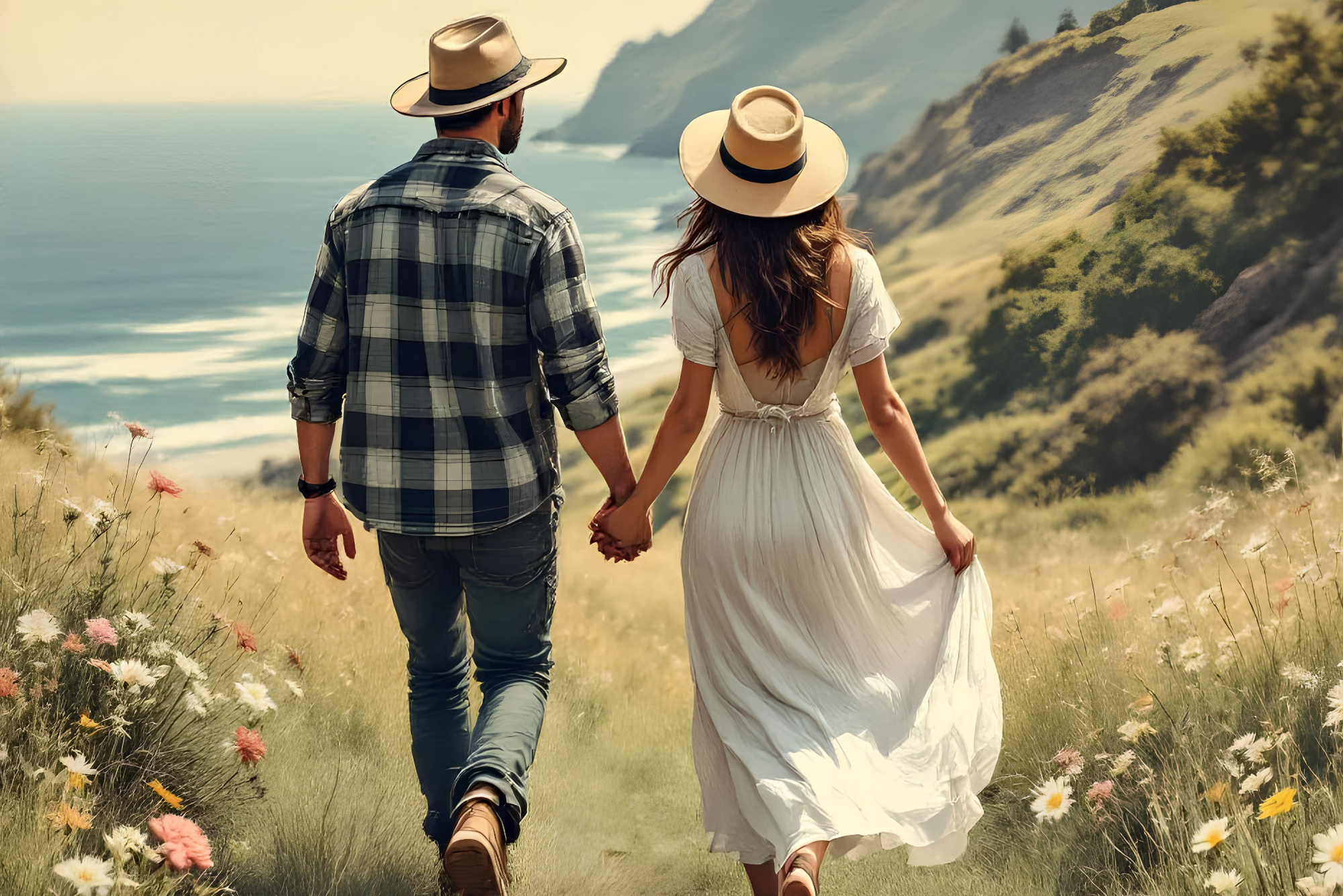 A couple holding hands as they walk among wildflowers on their way down top the beach.