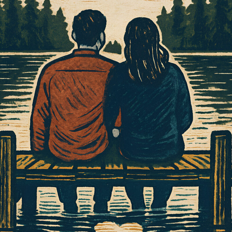 A pastel illustration of lovers sitting on a jetty overlooking a lake.