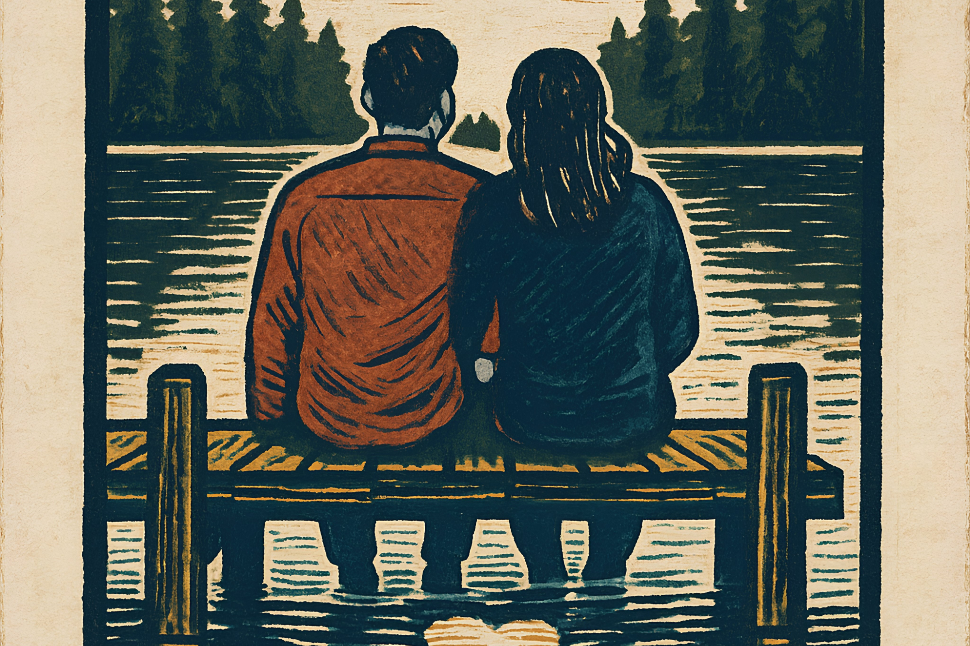 A pastel illustration of lovers sitting on a jetty overlooking a lake.